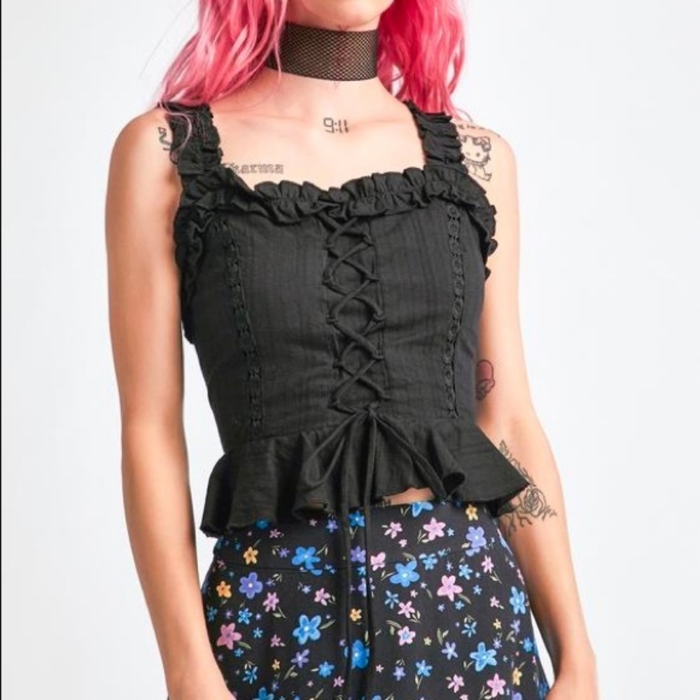 Dolls Kill Delia's Black Cotton Lace Up Bustier Corset Crop Top Camisole Size L